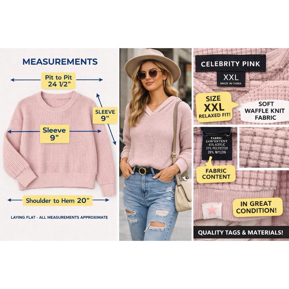 Celebrity Pink Blush Waffle Knit Hoodie‎ Sweater XXL Soft Girl Cozycore Pocket